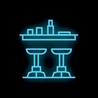 Neon sign of bar counter with high chairs glowing on black background vector