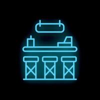 Neon bar counter with stools shining on black background vector