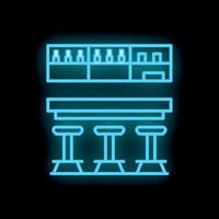 Neon bar counter with stools shining on black wall background vector