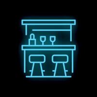 Neon bar counter with stools shining on black wall background vector