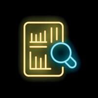 Neon icon of magnifying glass examining documents for business analysis vector