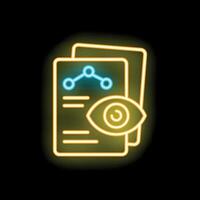 Neon icon of eye analyzing documents with charts representing market research and data analysis vector
