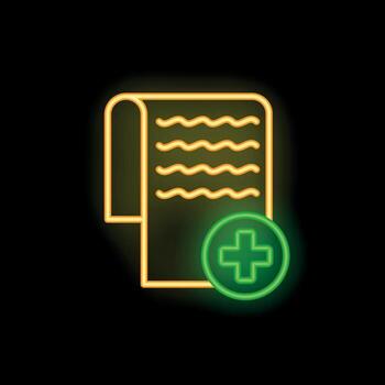 Neon green add button on document icon on black background vector