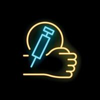 Neon style icon of hand receiving injection with syringe vector