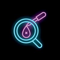 Neon icon of magnifying glass examining a blood droplet with cross symbol vector