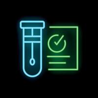Neon icon of medical test tube with blood sample and check mark on clipboard representing successful lab analysis vector