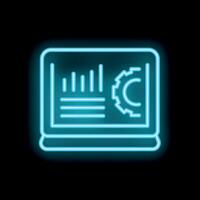 Neon blue laptop showing business analysis with charts and gears icon vector