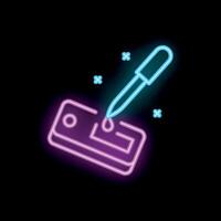 Neon icon of pipette dropping liquid on test strip for medical or chemical analysis vector