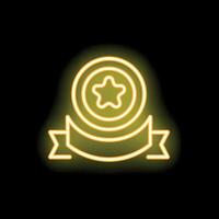 Neon yellow award ribbon with star for first place on black background vector