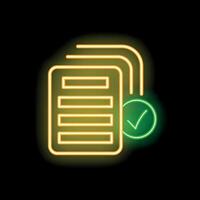 Neon icon of documents with checkmark on black background vector