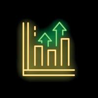 Neon sign showing growing chart with green up arrows on black background vector