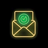 Neon icon of yellow open mail envelope with green approved symbol vector