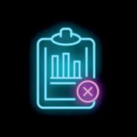 Neon icon of clipboard showing rejected business report with bar chart vector