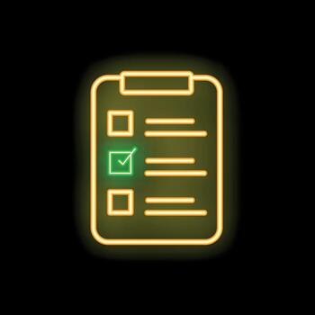 Neon icon of clipboard with checklist and green check mark on black background vector
