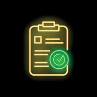 Neon icon of clipboard with checklist showing check mark symbol for successful completion vector