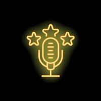 Neon microphone with stars shining on black background vector