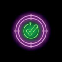 Neon target reaching validated checkmark icon on black background vector