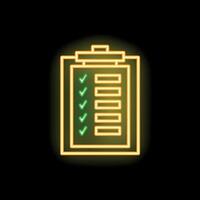 Neon icon of clipboard with checklist and green check marks on black background vector