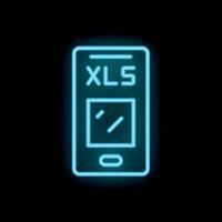 Neon blue smartphone showing xls spreadsheet file format icon on black background vector