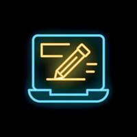 Neon laptop writing icon representing online content creation vector