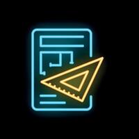 Glowing neon line house plan and triangle ruler icon illustrating architectural drafting vector