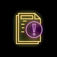 Neon icon of documents displaying an exclamation point for notification vector