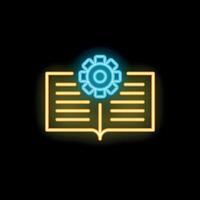 Neon icon of open book with gear for knowledge concept vector