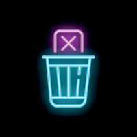 Neon sign representing deleting email message with cross sign and trash can on black background vector