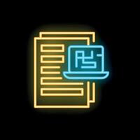 Neon icon of laptop showing data analysis results on screen with documents vector