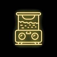 Yellow neon sign of a claw machine with toys on black background vector