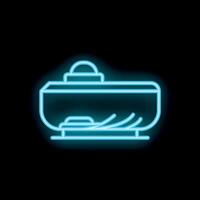 Blue neon sign of a bathtub with water and soap bubbles on black background vector