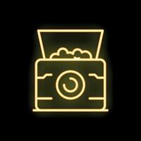 Yellow neon icon of a camera displaying a brain representing artificial intelligence vector