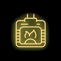 Yellow neon icon of a modern fireplace burning on black background vector
