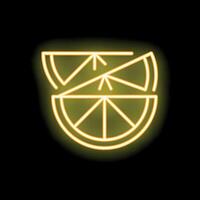 Yellow neon sign showing sliced lemon fruit on black background vector