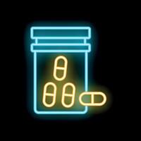 Neon sign showing pills falling into open container on black background vector