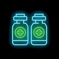 Glowing neon line medical vial with cross icon isolated on a black background vector