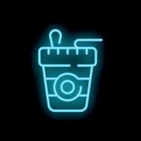 Glowing neon icon of a coffee cup with lid and straw on a black background vector