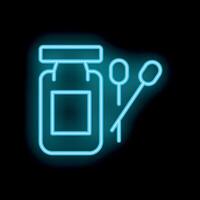 Neon sign of honey jar with honey dipper sticks on black background vector