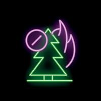 Neon sign representing forest fire burning trees with forbidden sign on black background vector