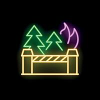 Glowing neon sign of closed forest with barrier gate and fire flame vector