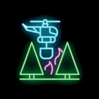 Neon icon of helicopter extinguishing fire in forest with water from bucket vector
