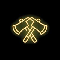 Neon icon of two crossed axes glowing yellow on black background vector