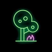 Glowing neon line icon of a tree burning in fire isolated on a black background vector