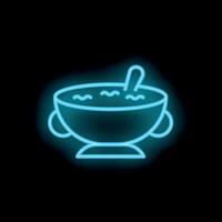 Neon blue soup bowl with spoon on black background vector