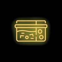 Yellow neon sign of open food delivery container on black background vector