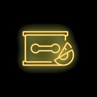 Yellow neon icon of a cassette tape being cut with scissors representing music editing vector