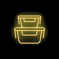 Yellow neon icon of two plastic food containers stacked on top of each other vector