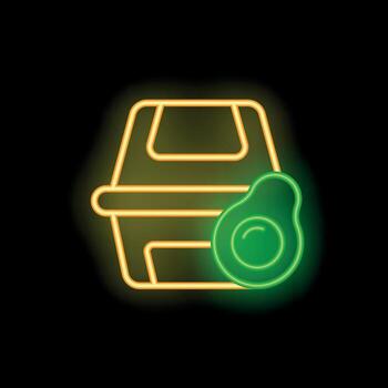 brillante neón firmar de un espuma de poliestireno tomar fuera envase con un aguacate medio en un negro antecedentes vector