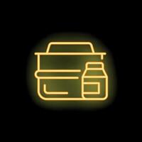Neon sign of food delivery service with lunch box and milk bottle on black background vector