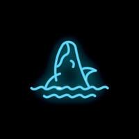 Neon shark fin surfacing from ocean waves on black background vector